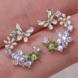 NEW 14K Gold Plated Diamond Flower Butterfly Stud Earrings